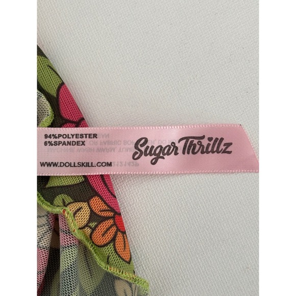 Boho Fairycore Dress 1X Mini 70s Retro Sheer Floral Mesh Bell Sleeve Lettuce Hem - Picture 7 of 13